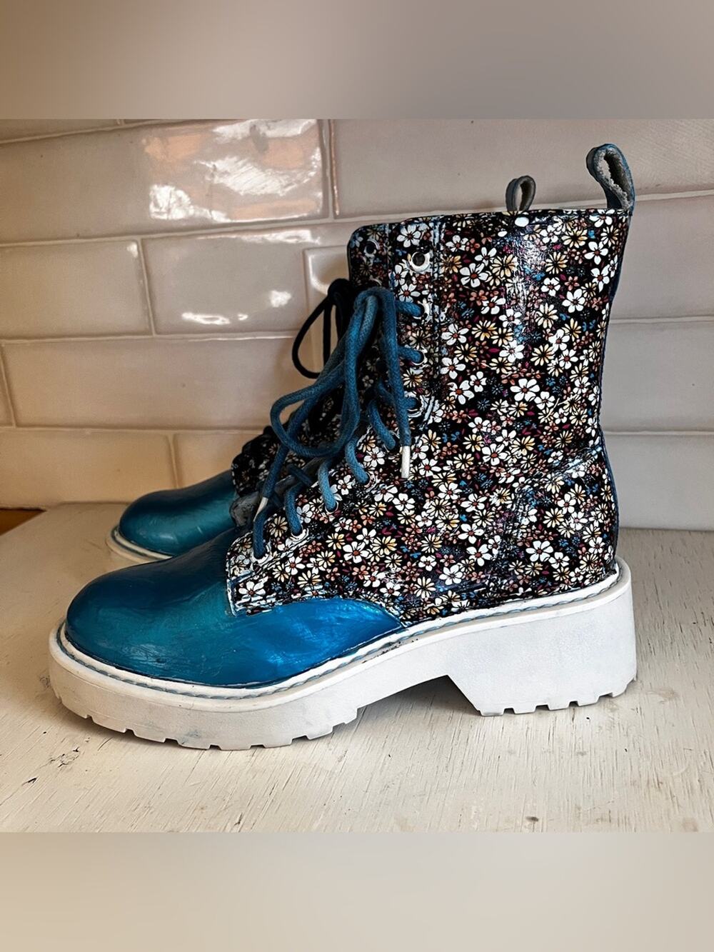 Unique Upcycled Combat Platform Heel Boot Size 7.5 Custom Foil Floral Two Tone